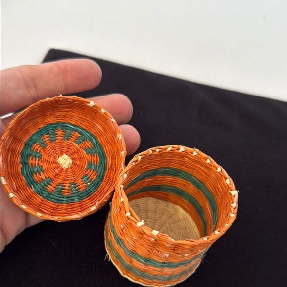 Colorful Native American Woven Basket with Lid - Picture 5 of 5